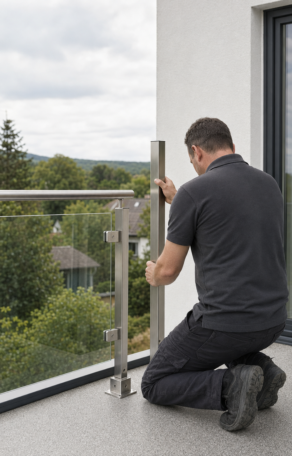 Montage eines Balkongeländers mit Glas